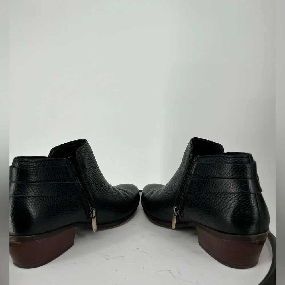 SAM EDELMAN BLACK LEATHER BUCKLE BOOTIES,‎ ALMOND TOE WOODEN HEEL, INSIDE ZIPPER
